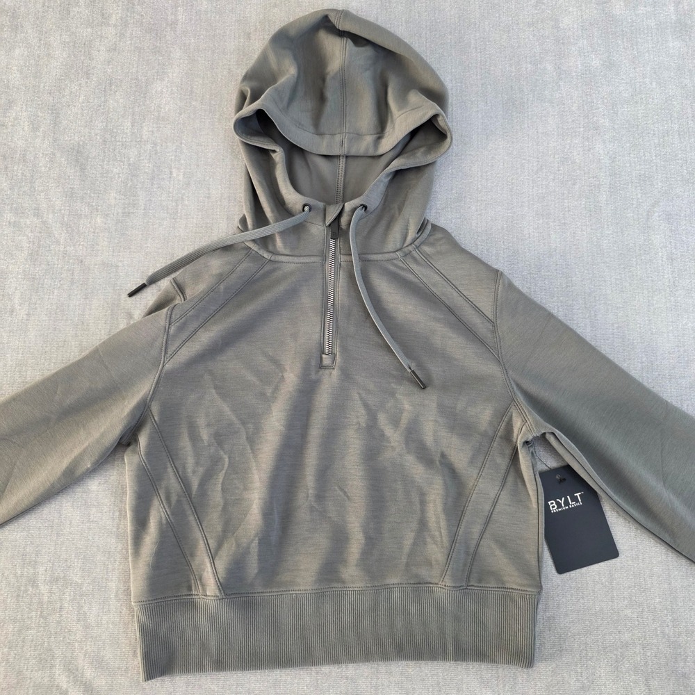 BYLT Opal Fleece Quarter-Zip Hoodie Womens S Grey Cropped Athleisure New